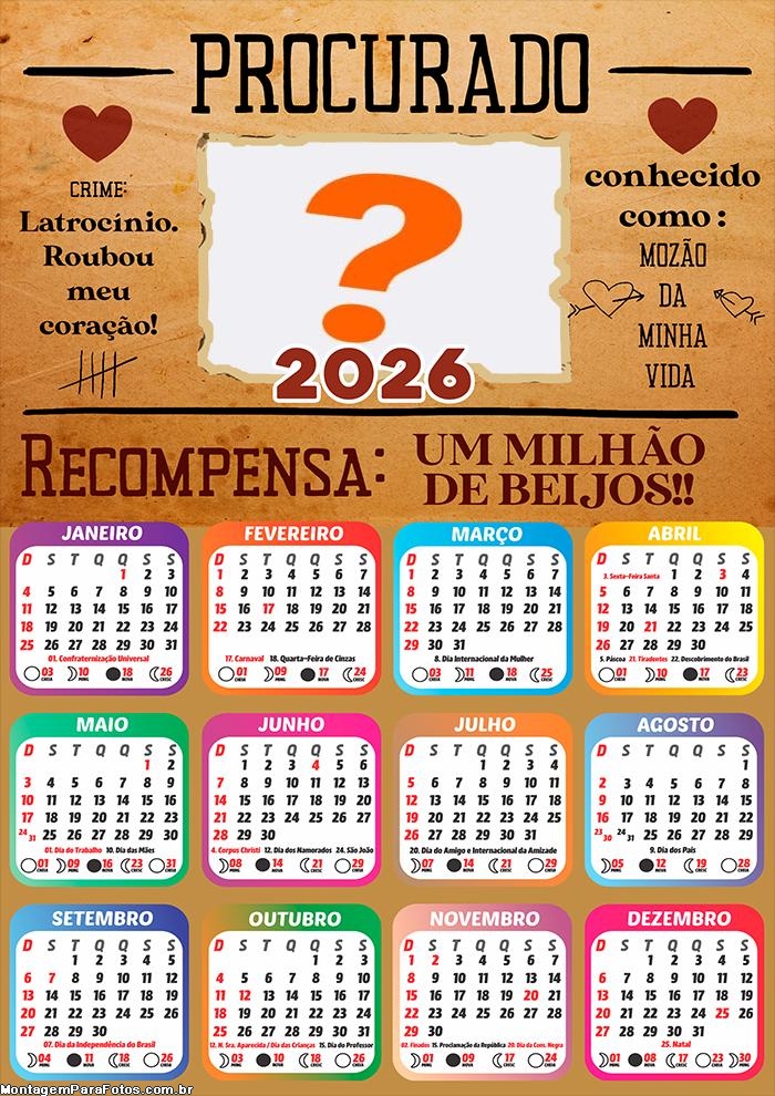 Calendário 2026 Recompensa Dia dos Namorados Foto Colagem