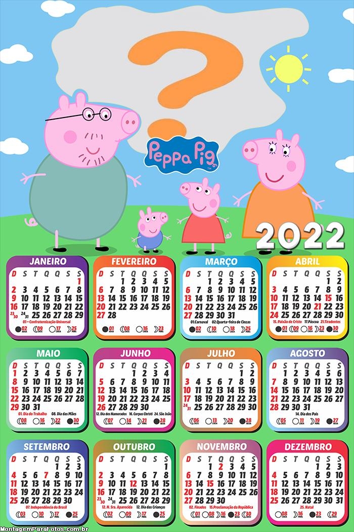 Calendário 2022 Família Peppa Pig Moldura de Foto