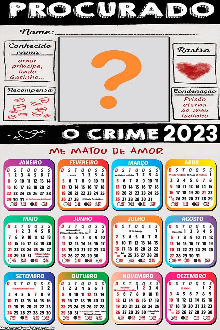 Calendário 2023 de Foto Procurado Dia dos Namorados