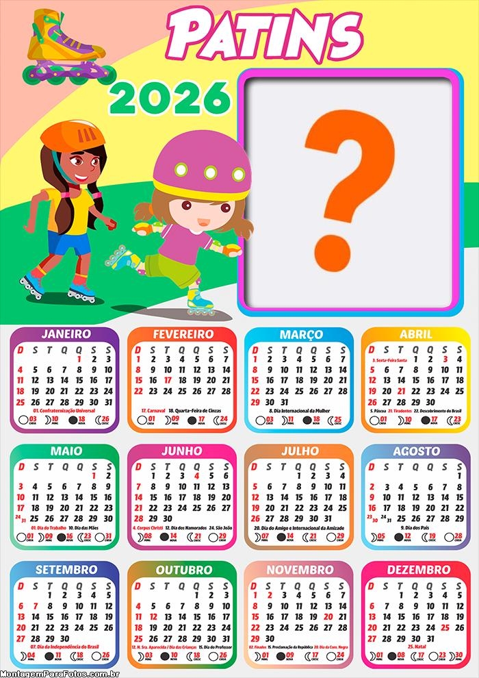Calendário 2026 Patins Infantil Fazer Colagem Grátis