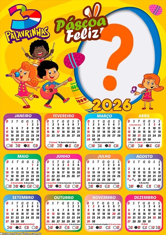 Calendário 2026 Feliz Páscoa 3 Palavrinhas Colagem de Fotos
