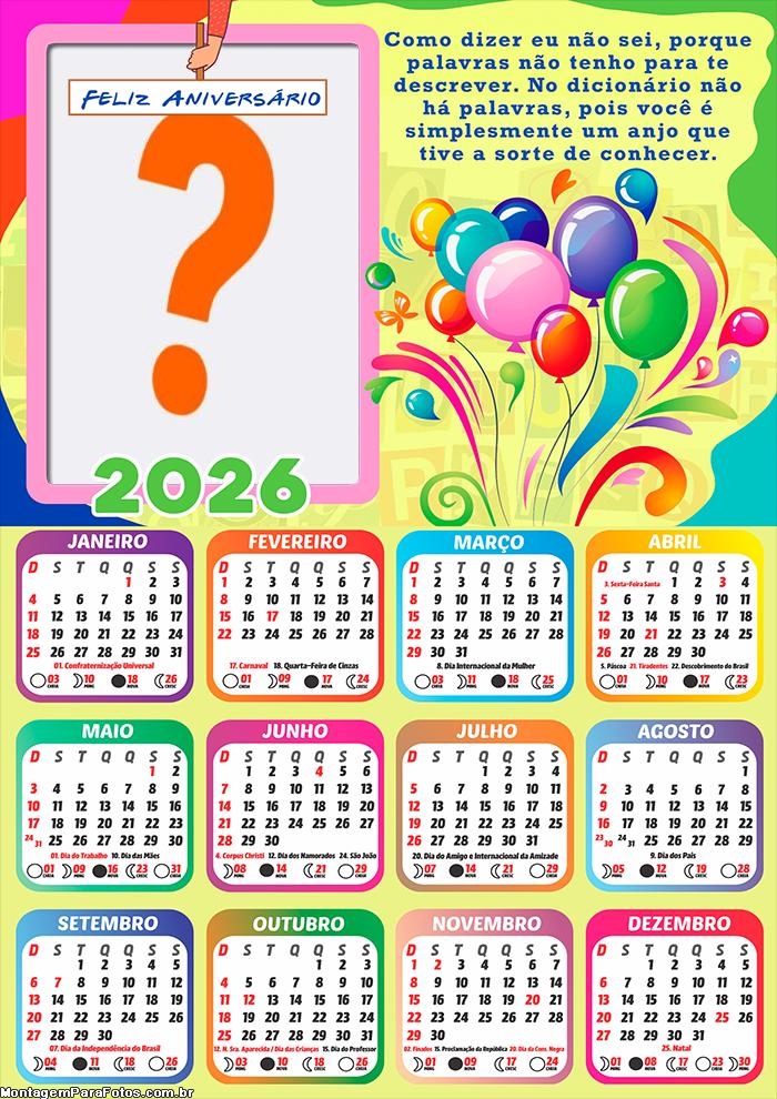 Calendário 2026 Feliz Aniversário Sorte de Conhecer Frase Juntar Foto Online