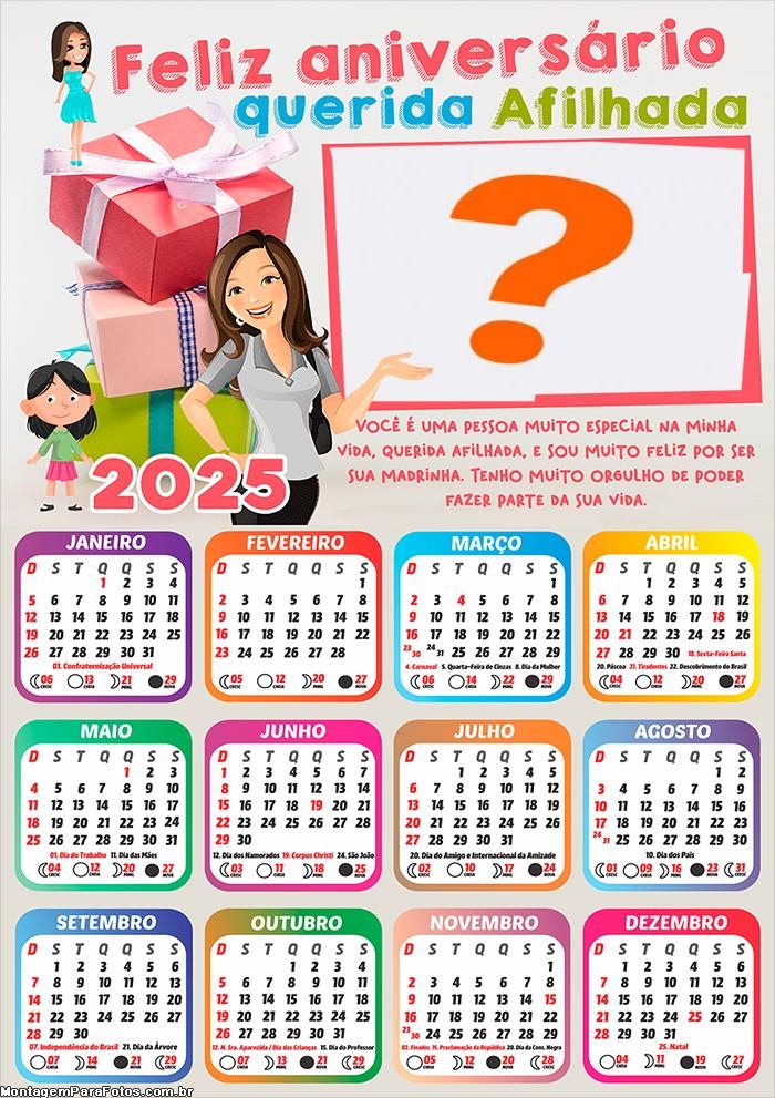 Calendário 2025 Feliz Aniversário Madrinha para Afilhada Colagem de Foto