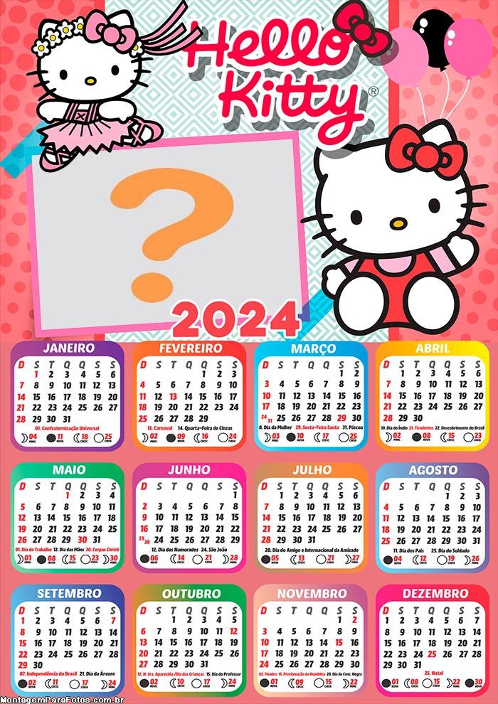 Calendário 2024 Montagem de Foto Online Hello Kitty