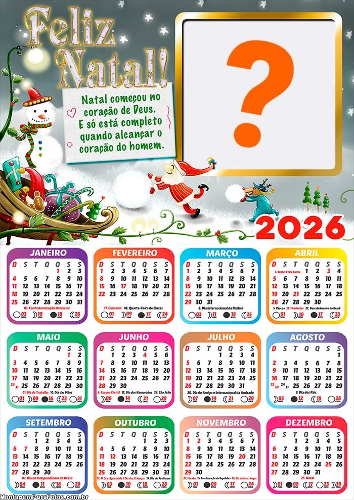 Calendário 2026 Natal começou no coração de Deus Colar Foto Online