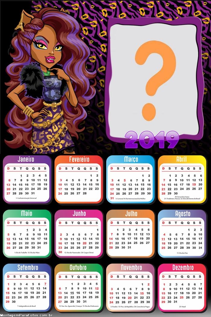 Calendário 2019 Clawdeen da Monster High