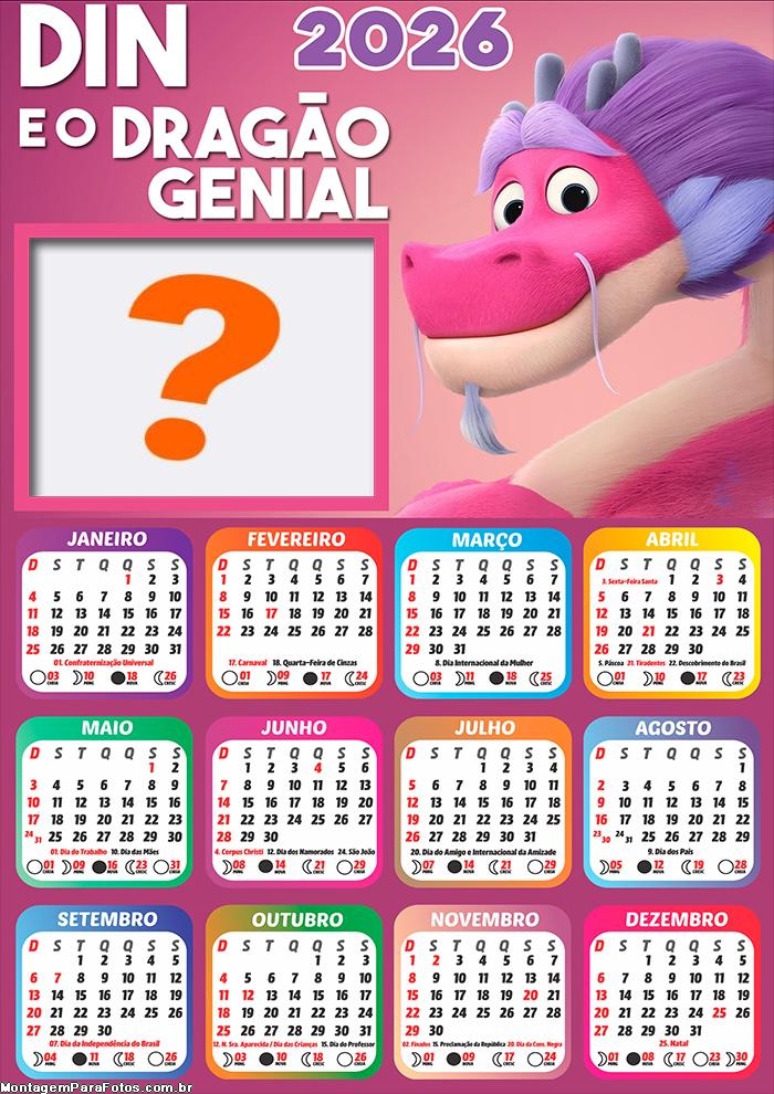 Calendário 2026 Din e o Dragão Genial Colagem de Fotos