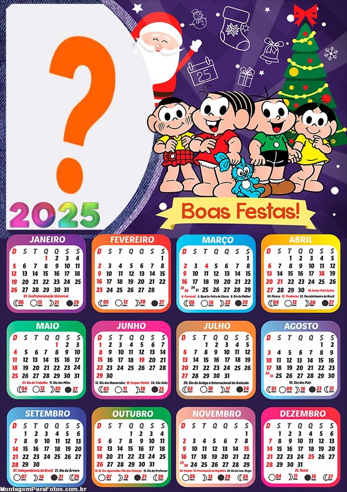Calendário 2025 Boas Festas Turma da Mônica Foto Montagem Grátis