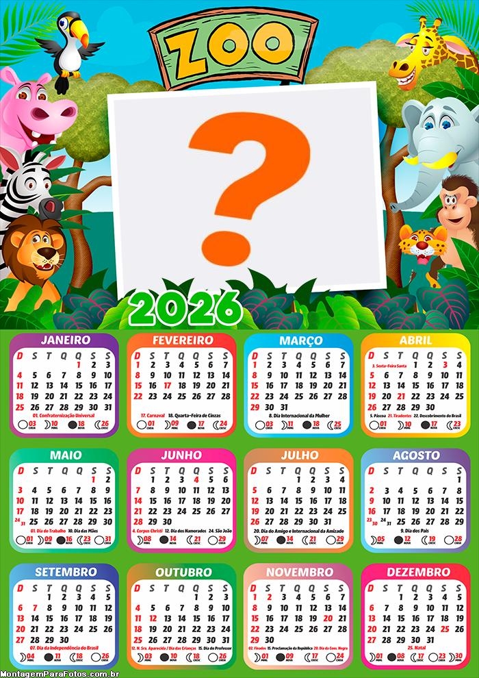 Foto Calendário 2026 Zoológico Tema Infantil Grátis