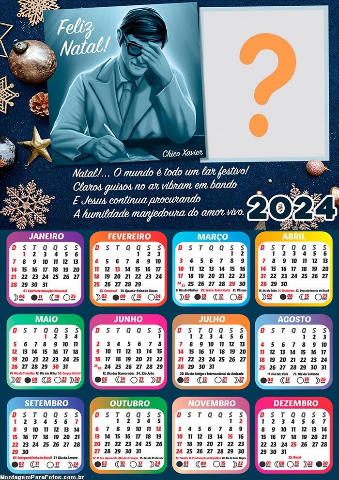 Colagem Montagem Calendário 2024 Feliz Natal Chico Xavier