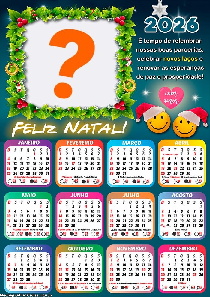 Calendário 2026 Relembrar nossas Boas Parcerias Feliz Natal Foto Moldura