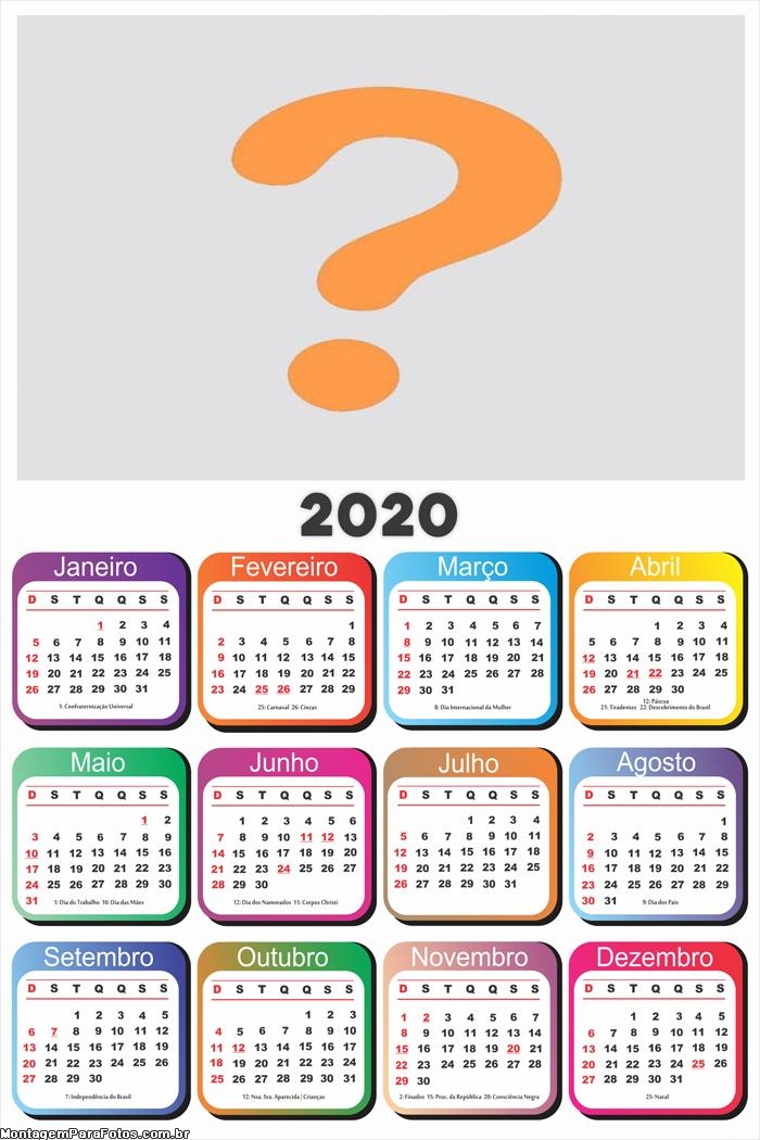 Calendário 2020 em Branco Base Colorida