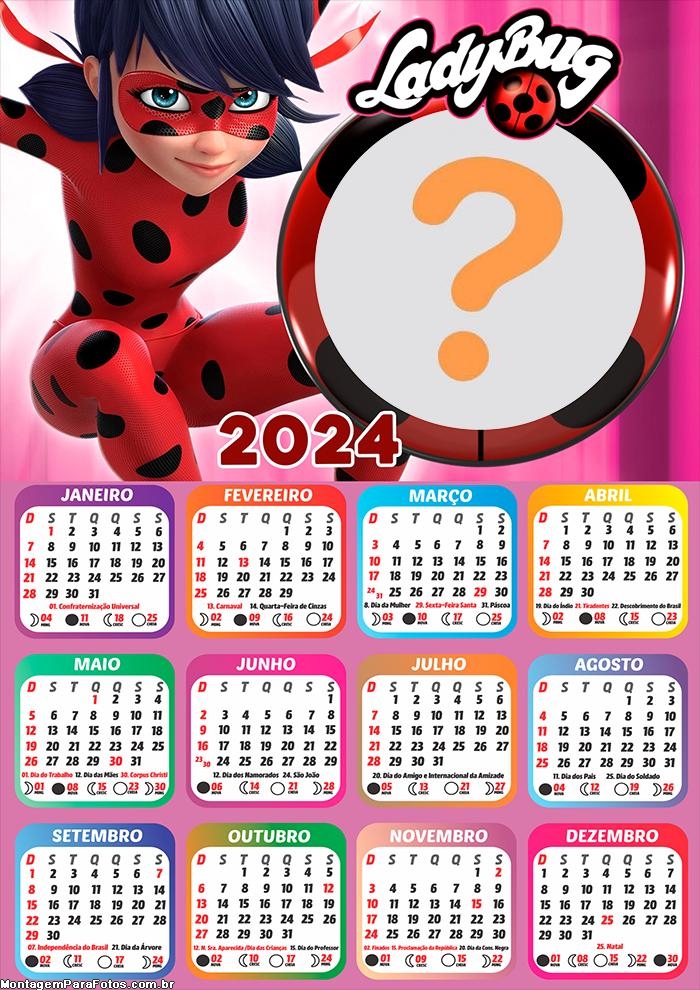 Calendário 2024 LadyBug Boneca Criar Montagem de Foto