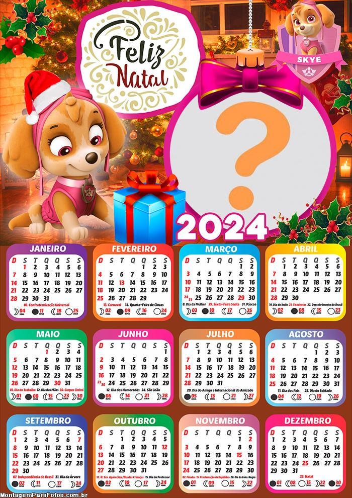 Calendário 2024 Feliz Natal Skye da Patrulha Canina Imprimir Grátis