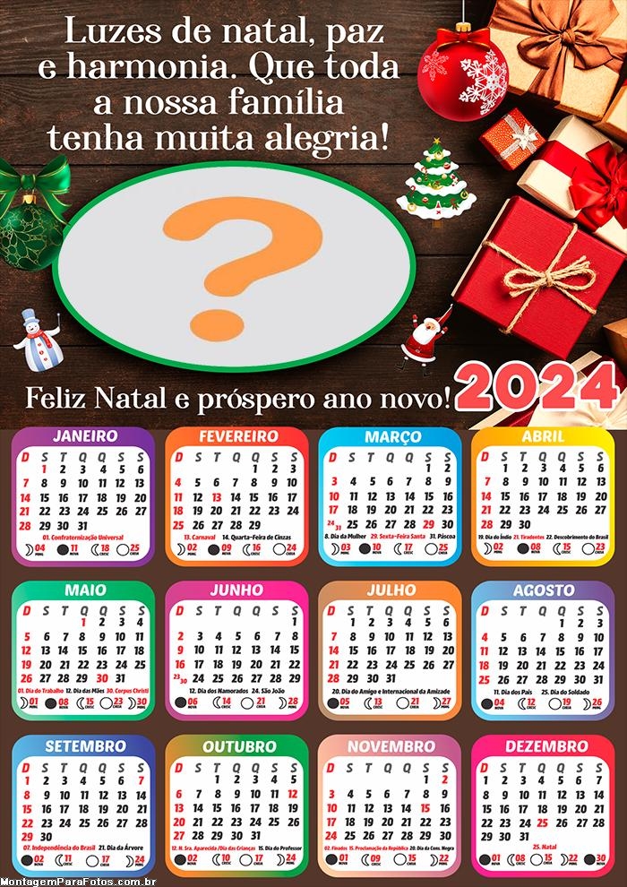 Calendário 2024 Luzes de Natal Paz e Harmonia Moldura com Mensagem