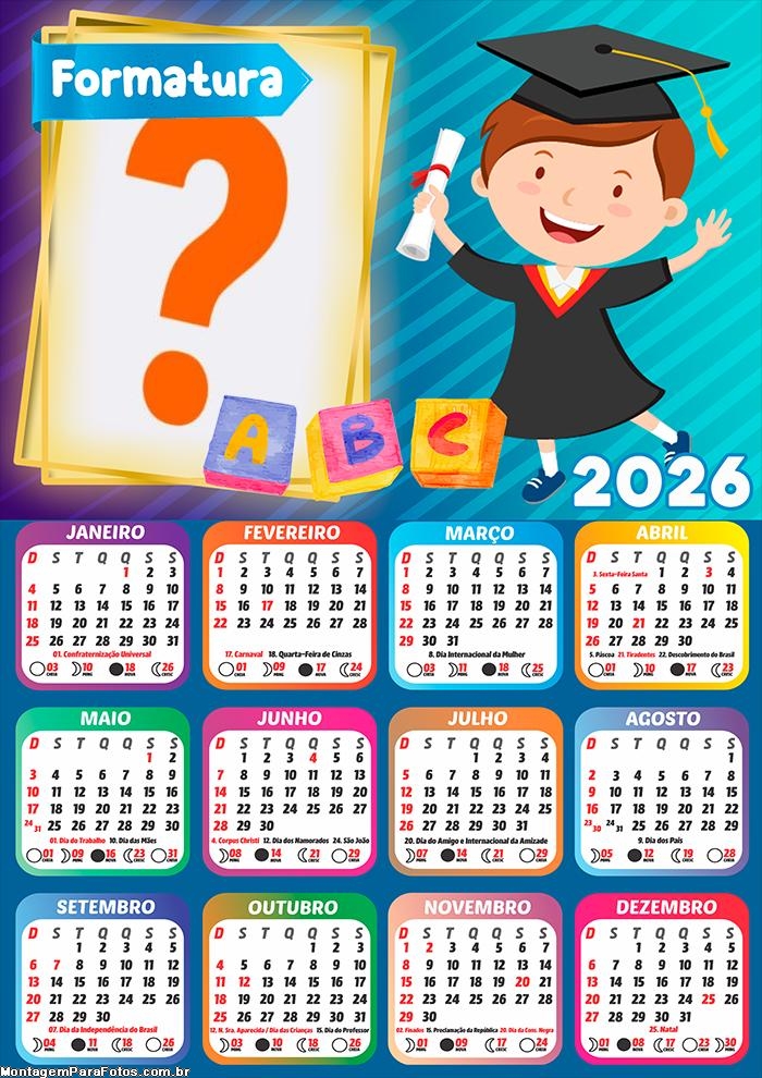 Calendário 2026 Formatura Infantil Menino Juntar Foto Online
