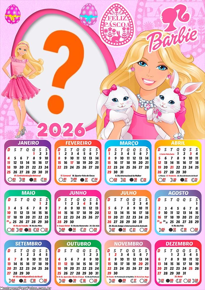 Calendário 2026 Feliz Páscoa Barbie Desenho Foto Moldura