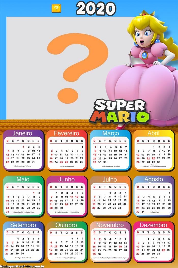 Calendário 2020 Princesa Super Mário