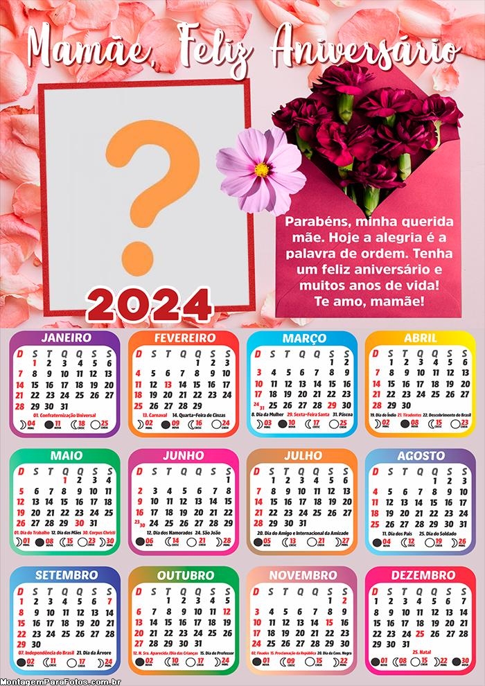 Calendário 2024 Mamãe Feliz Aniversário Juntar Foto Grátis