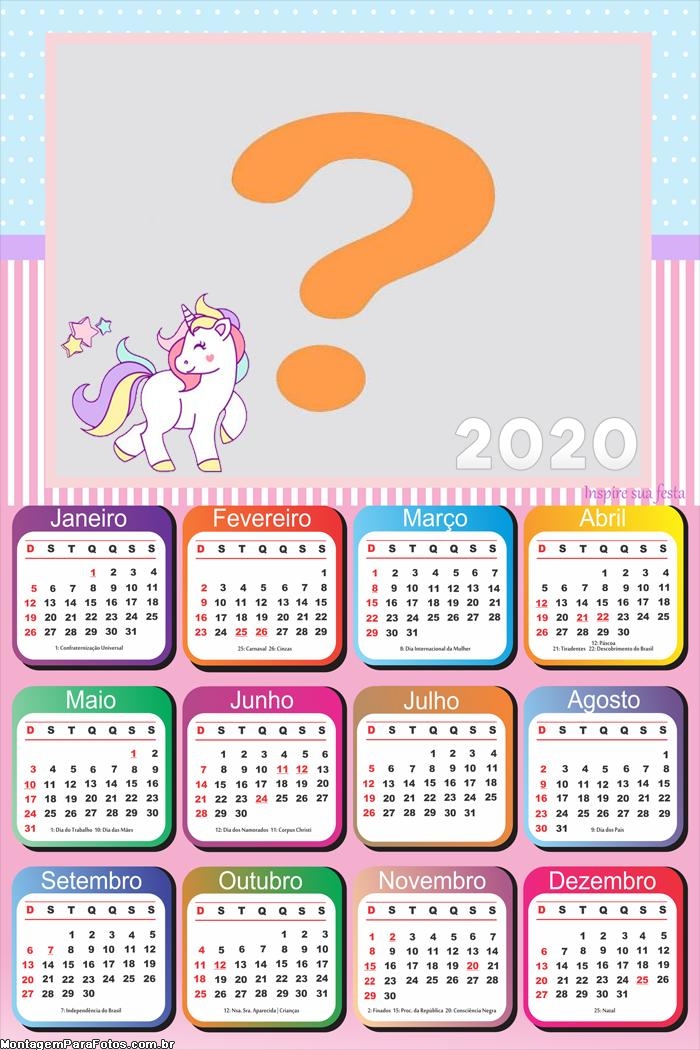 Calendário 2020 de Unicórnios Montagem de Fotos
