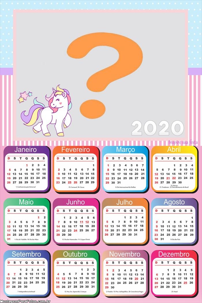 Calendário 2020 de Unicórnios Montagem de Fotos