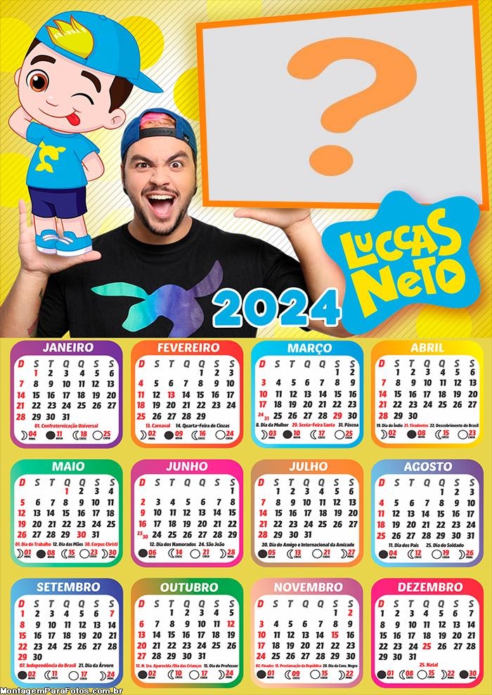 Calendário 2024 Luccas Neto para Crianças Foto Mensagem