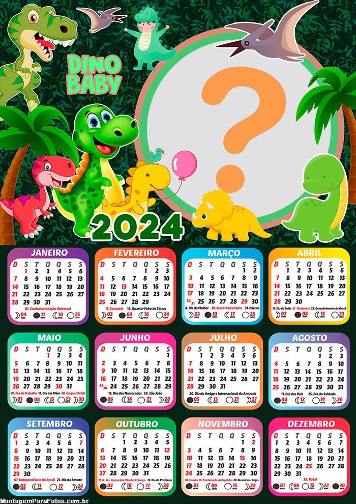 Infantil Colagem de Foto Calendário 2024 Dino Baby