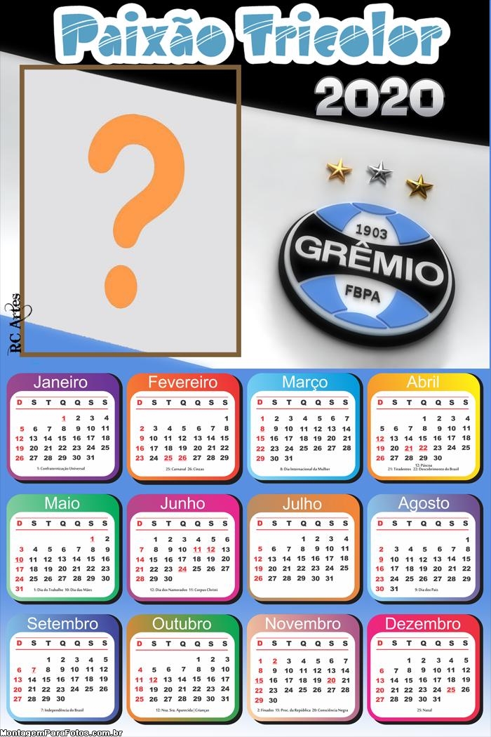 Calendário 2020 Grêmio Foto Montagem Grátis