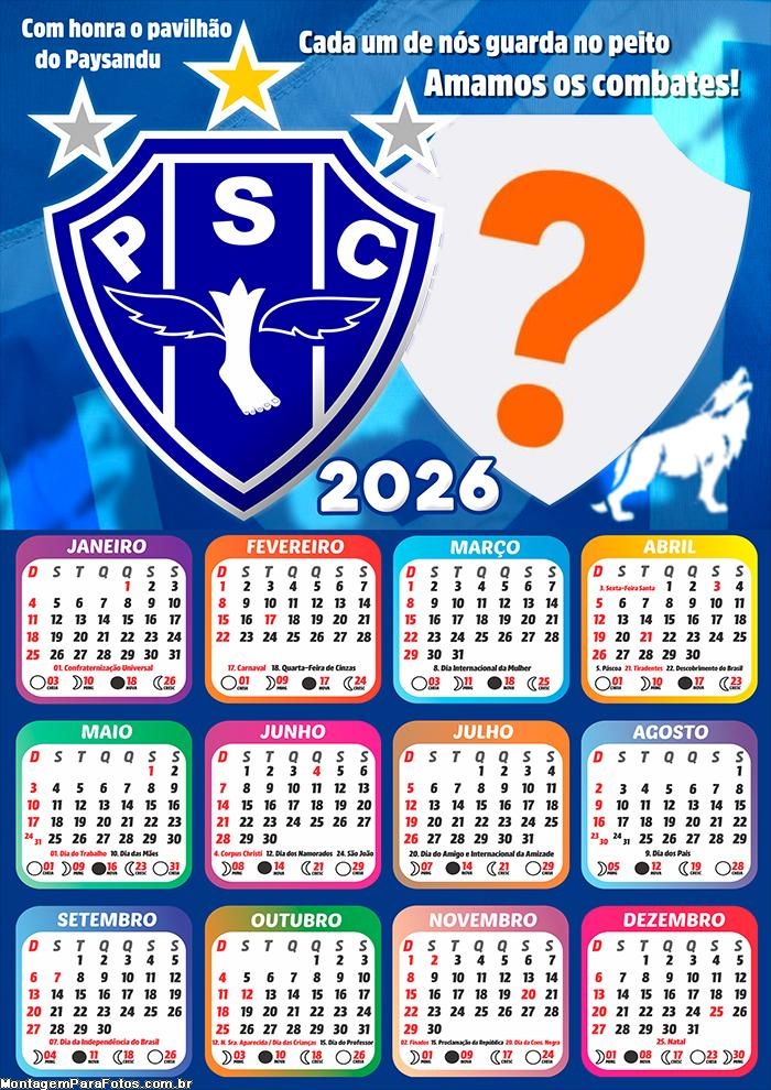 Foto Calendário 2026 Paysandu Time de Futebol Grátis