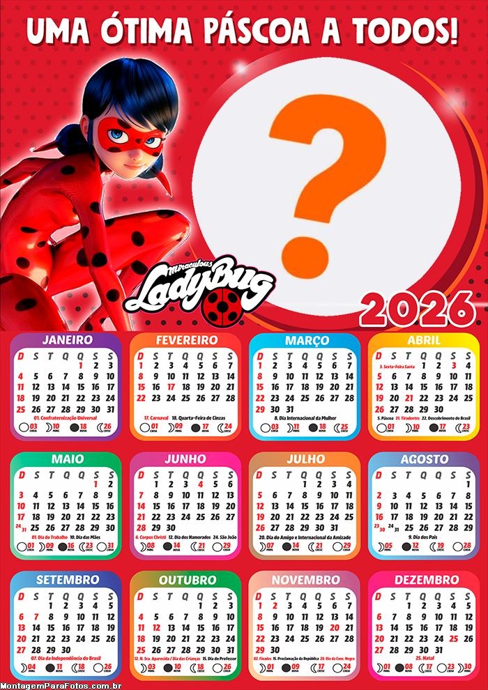 Calendário 2026 Feliz Páscoa LadyBug Foto Moldura