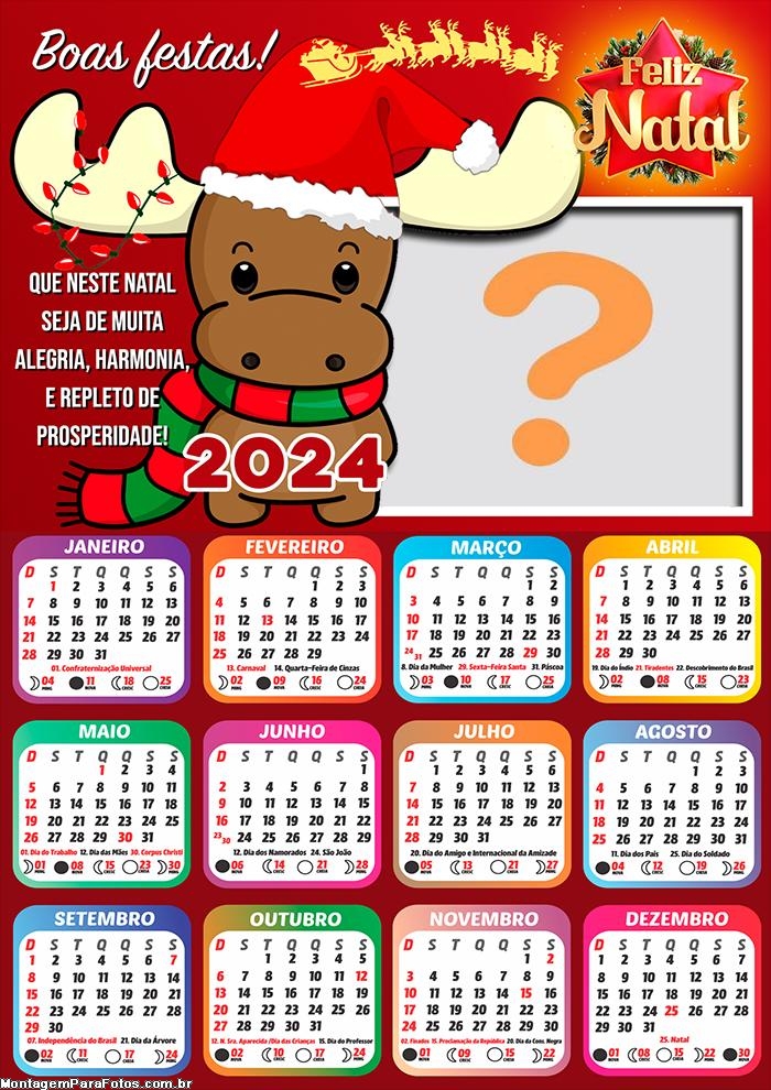 CalendÃ¡rio 2024 Rena Mascote do Papai Noel Colar Imagem