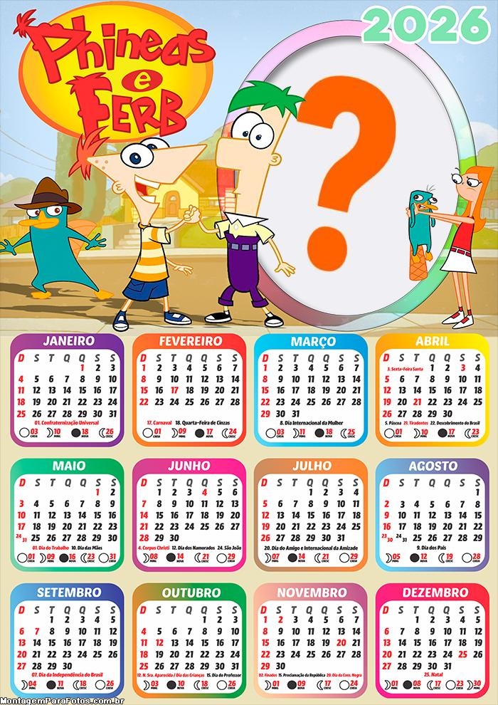 Calendário 2026 Phineas e Ferb Fazer Colagem Grátis