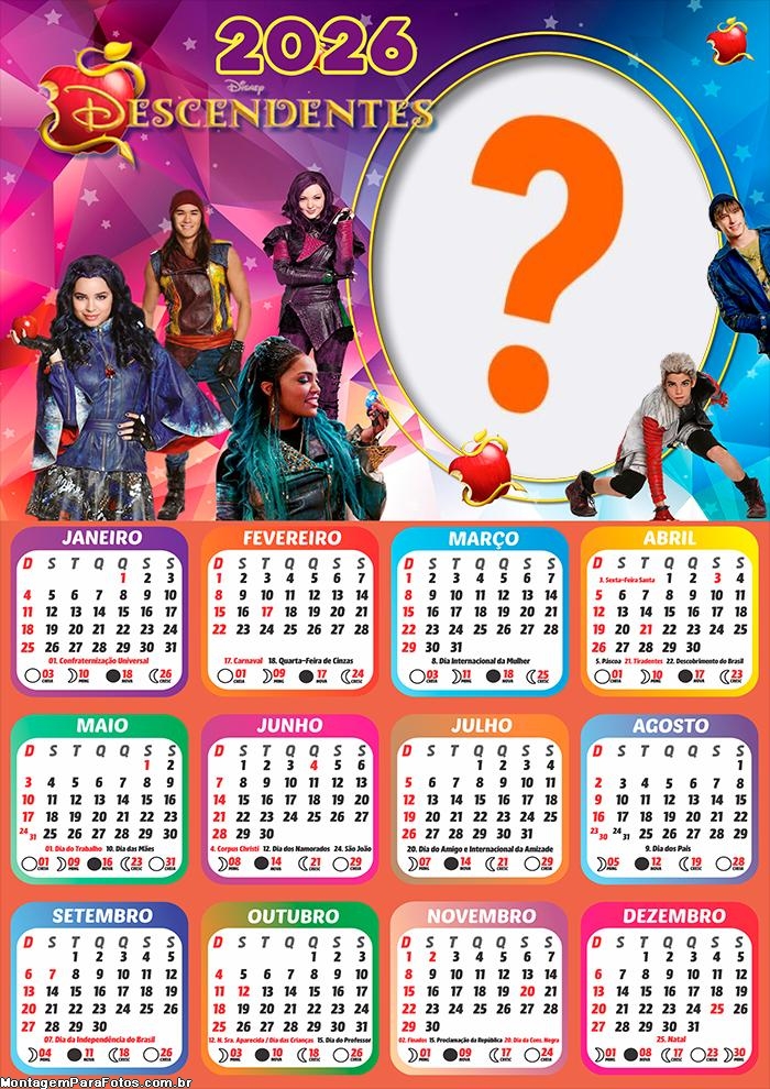 Calendário 2026 Descendentes Fazer Colagem Grátis
