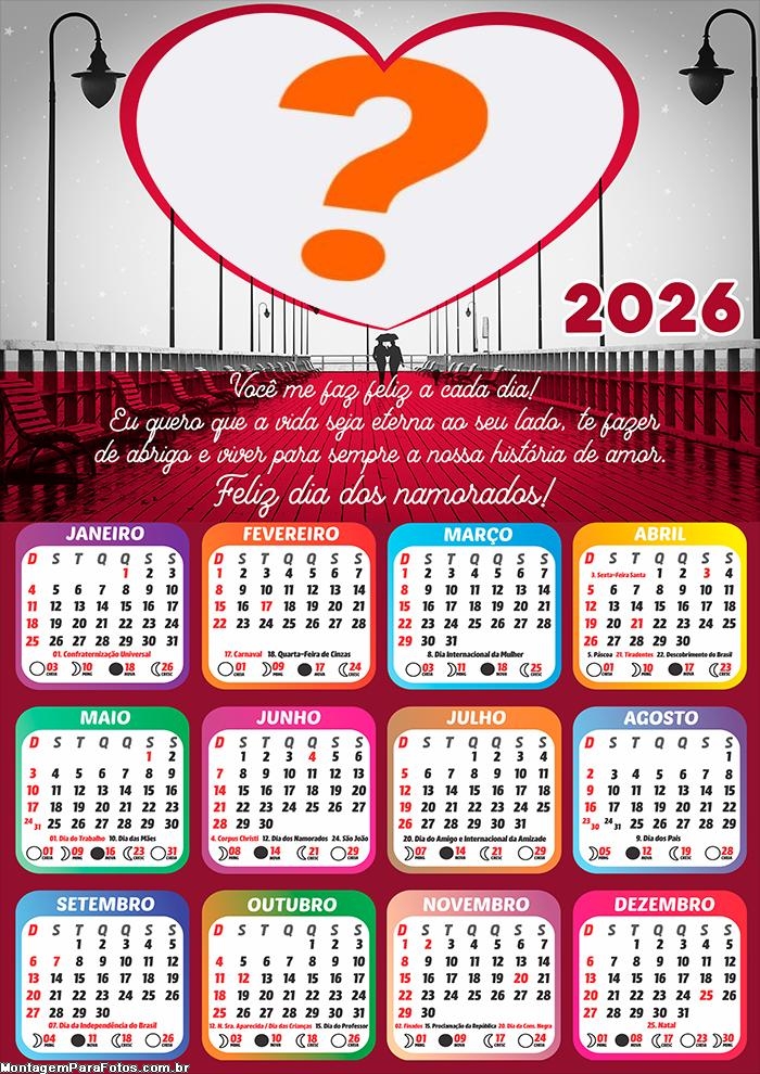 Calendário 2026 Unidos e Sempre Comemorando Feliz Natal Juntar Foto Online