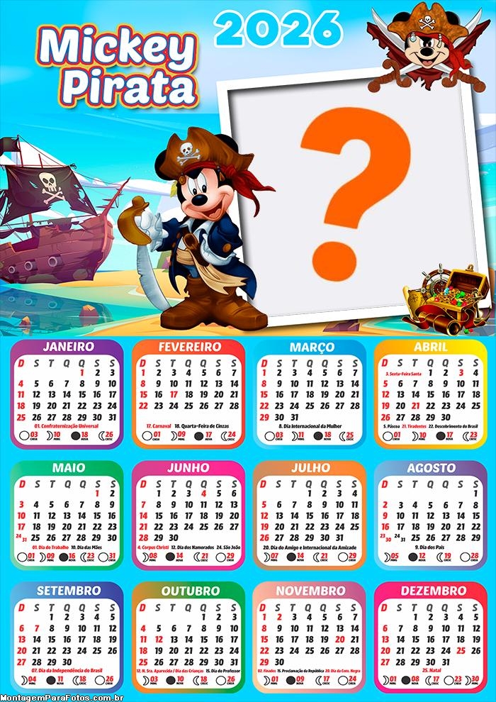 Calendário 2026 Mickey Pirata Criar Montagem