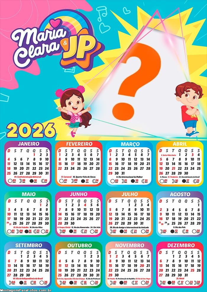 Calendário 2026 Maria Clara e JP Cute Fazer Colagem Grátis