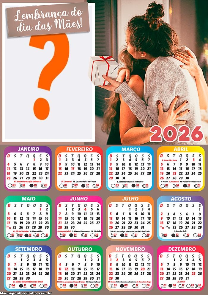Calendário 2026 Dia das Mães Lembrança Emoldurar Foto Online