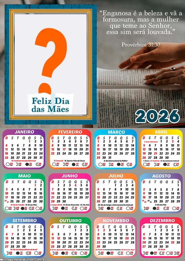 Calendário 2026 Provérbios 31:30 Dia das Mães Fazer Colagem Grátis