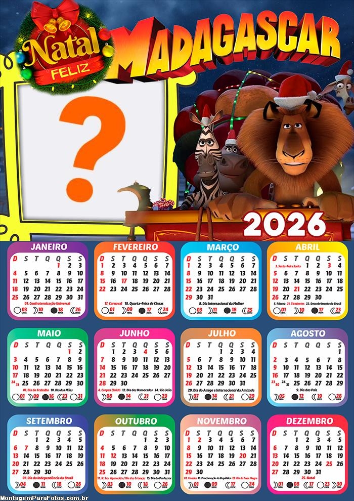 Calendário 2026 Feliz Natal Madagascar Colar Foto Online