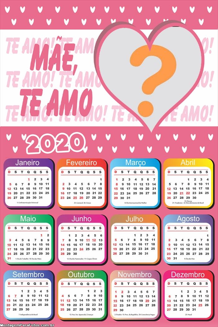 Calendário 2020 Mãe Te Amo