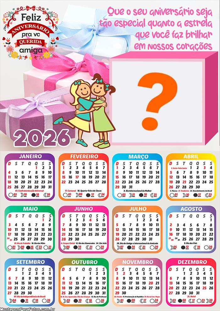 Calendário 2026 de Aniversário Especial Montar Foto Grátis