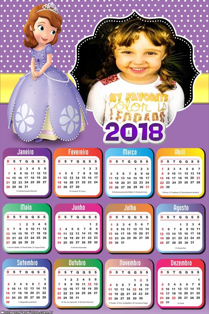 Calendário 2018 Sofia Princesa