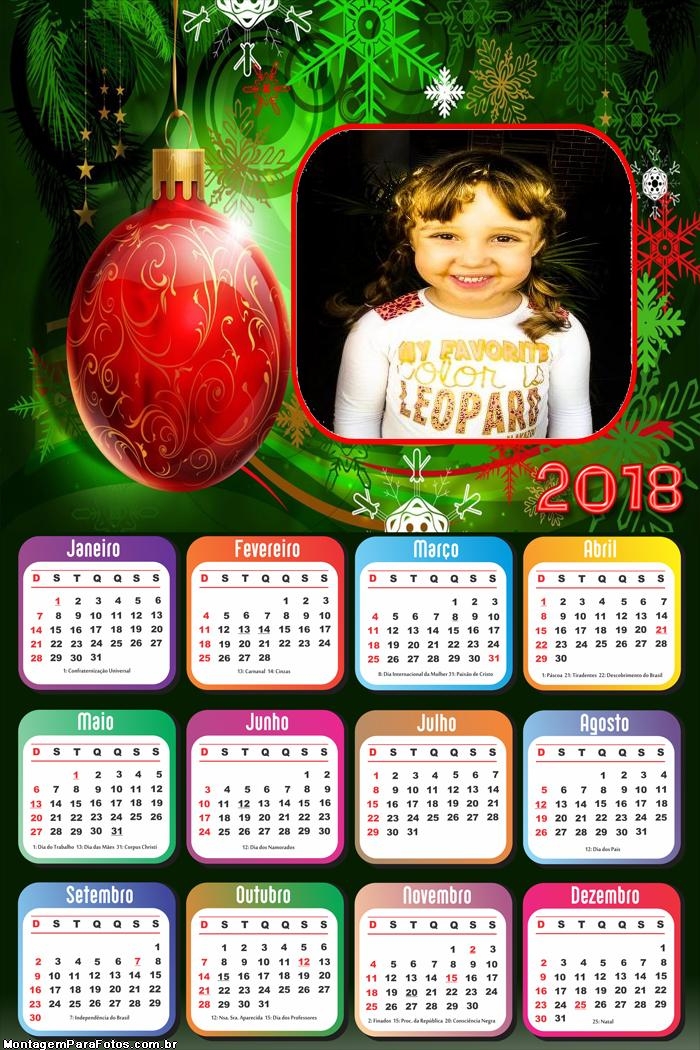 Calendário 2018 Bola de Árvore de Natal