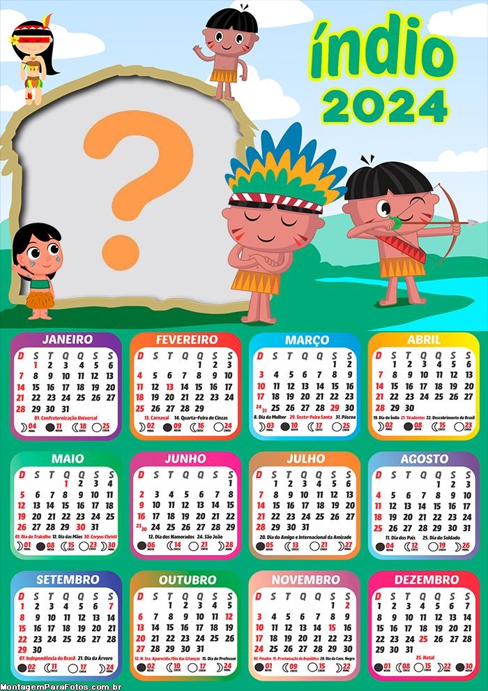 Calendário 2024 para Emoldurar Foto Índio Tema Infantil