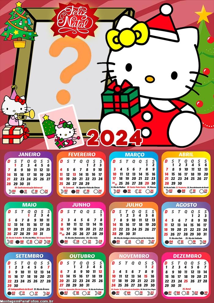 Moldura Infantil Calendário 2024 Feliz Natal Hello Kitty
