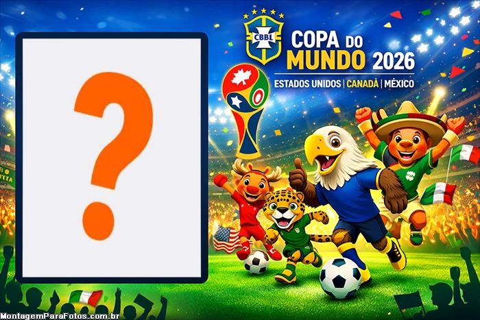 Mascotes no Estádio Copa do Mundo 2026 fazer foto com moldura