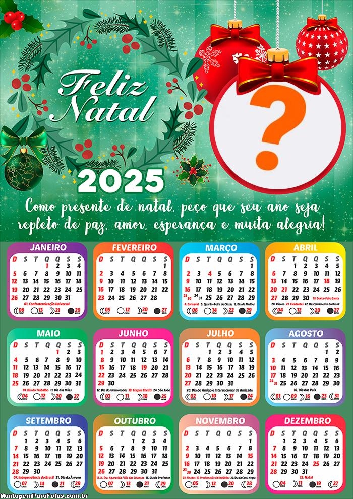 Calendário 2025 Frase de Feliz Natal Colagem de Foto