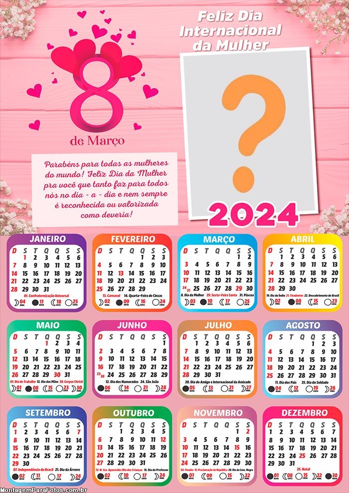 Calendário 2024 Parabéns Dia das Mulheres Editar Moldura Grátis