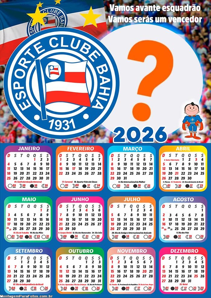 Calendário 2026 Bahia Time de Futebol Colar Foto Online