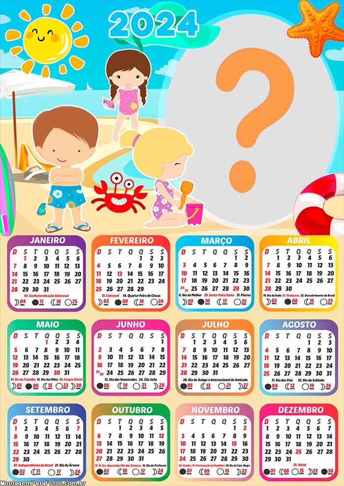 CalendÃ¡rio 2024 Praia Infantil Montagem de Foto